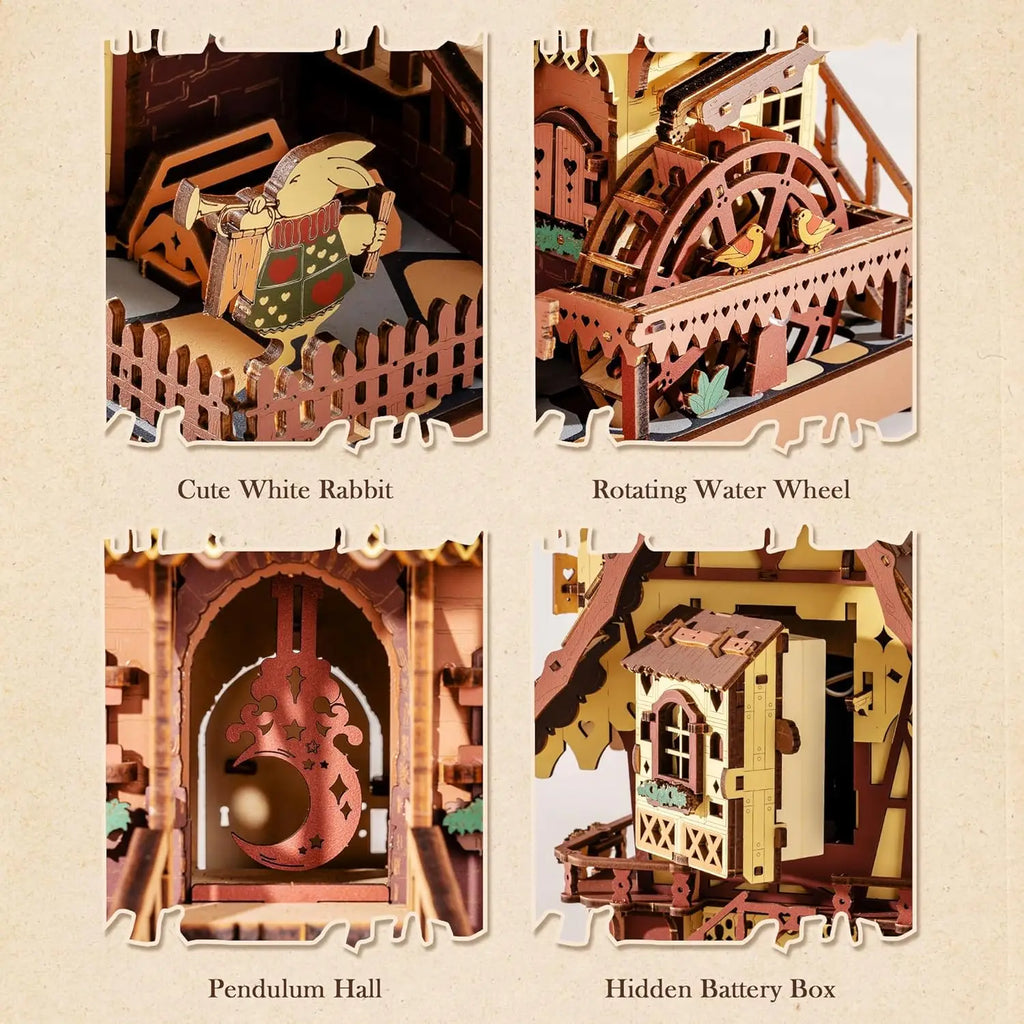 Close-up details of 3D wooden cuckoo clock puzzle components