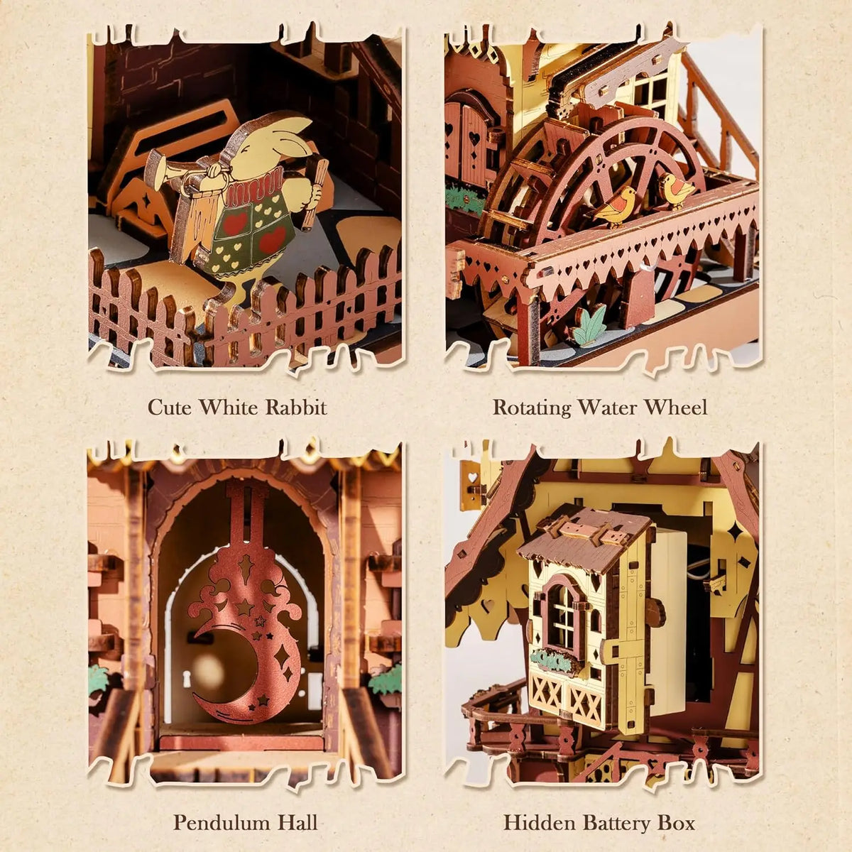 Close-up details of 3D wooden cuckoo clock puzzle components