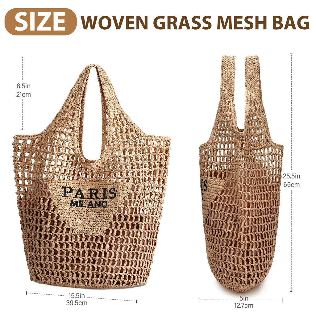 Dimensions and measurements of a beige woven grass mesh beach tote bag shown in two views.