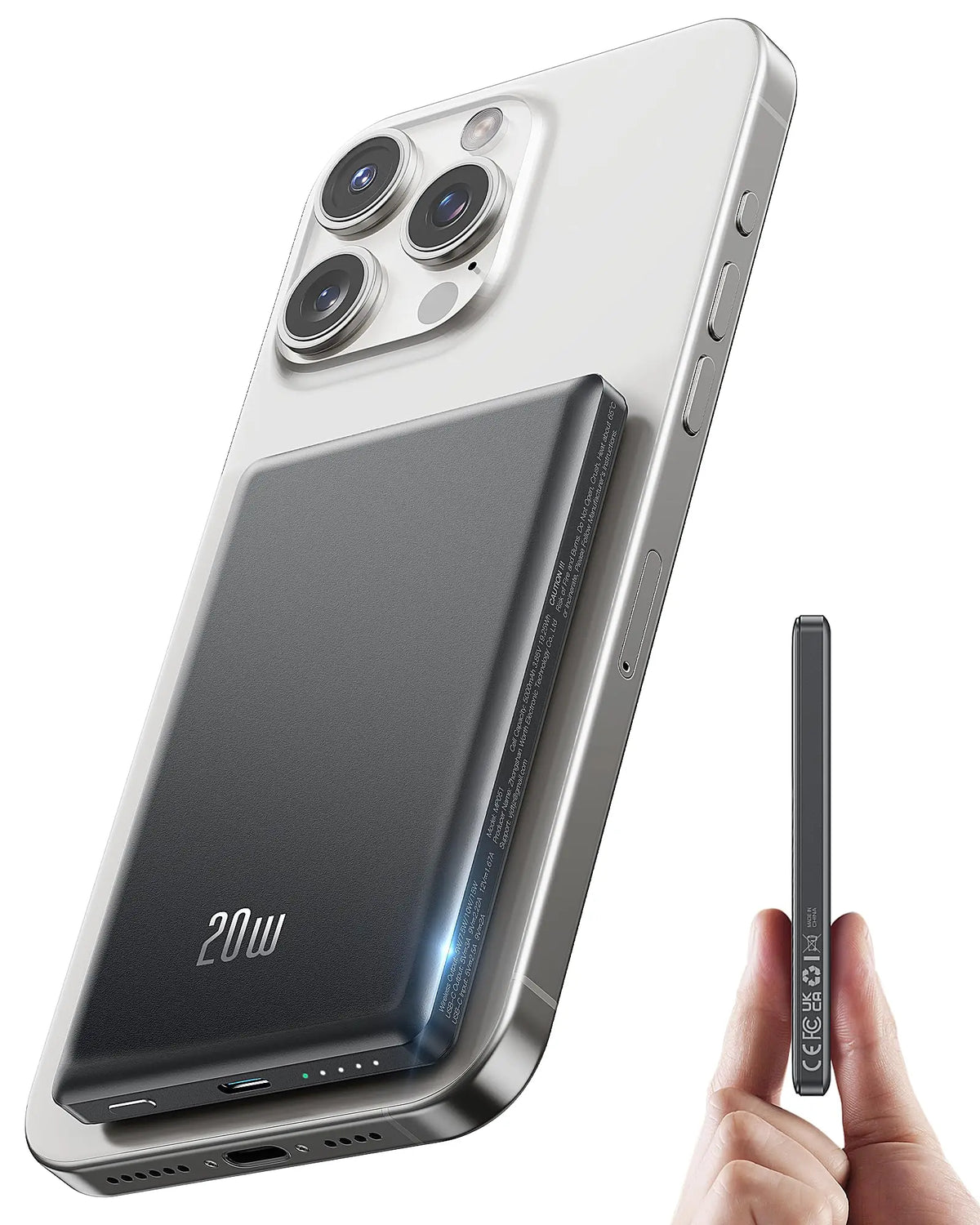Magnetic wireless power bank in dark grey attached to a white smartphone, side profile shown by hand.