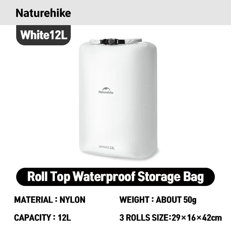 Naturehike Rolled Waterproof Storage Bag - Lightweight Compression Organizer – White 12L New