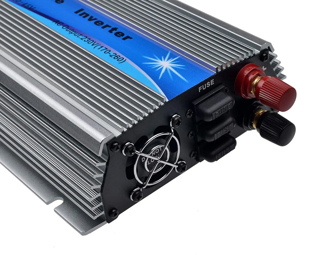 Close up of the DC input terminal and cooling fan on a silver MPPT solar grid tie inverter