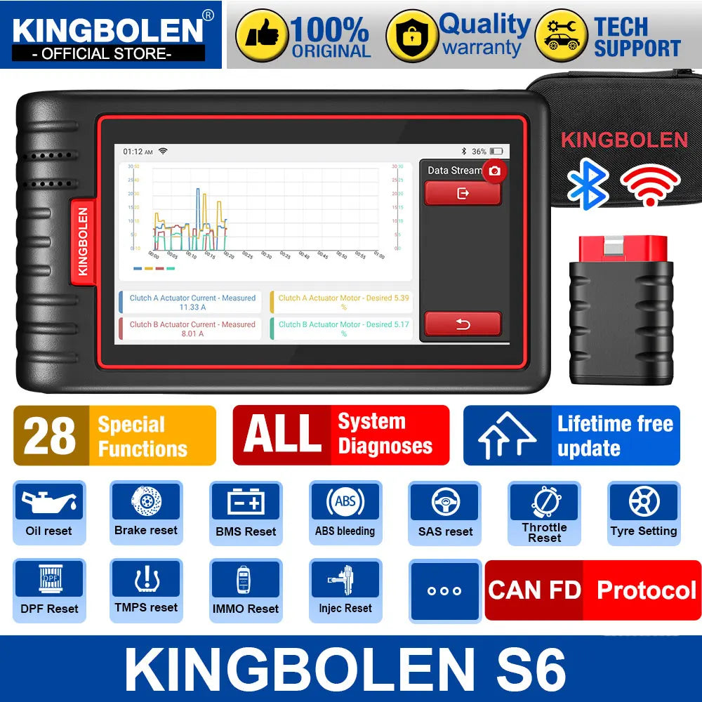 Handheld car diagnostic scanner with tablet and OBD2 connector, displaying various system reset functions