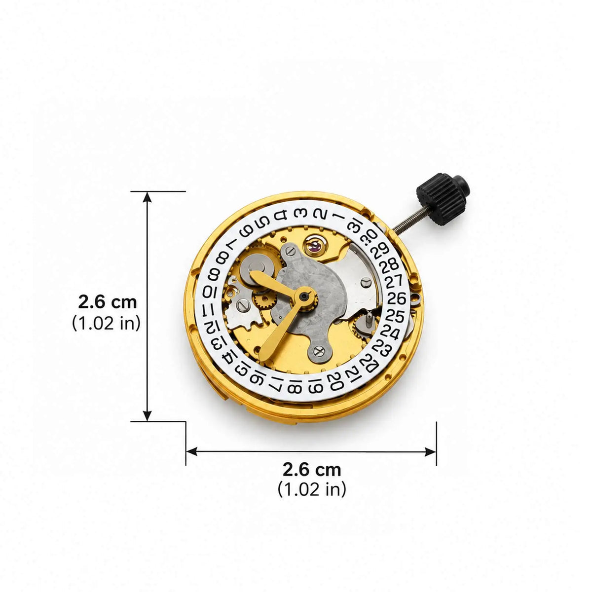 A gold-colored automatic mechanical watch movement with annotated dimension measurements