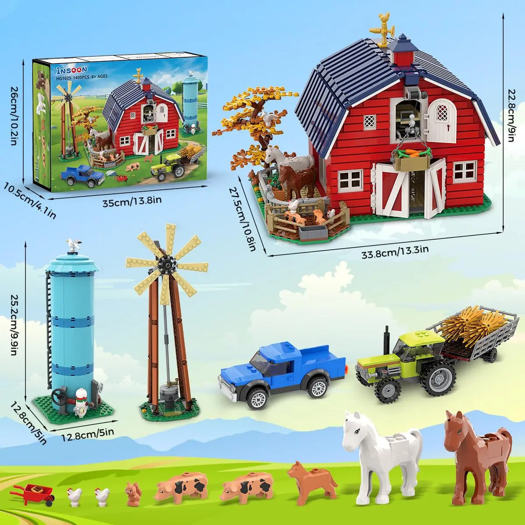 Farm barn building block set with detailed dimensions and components listed