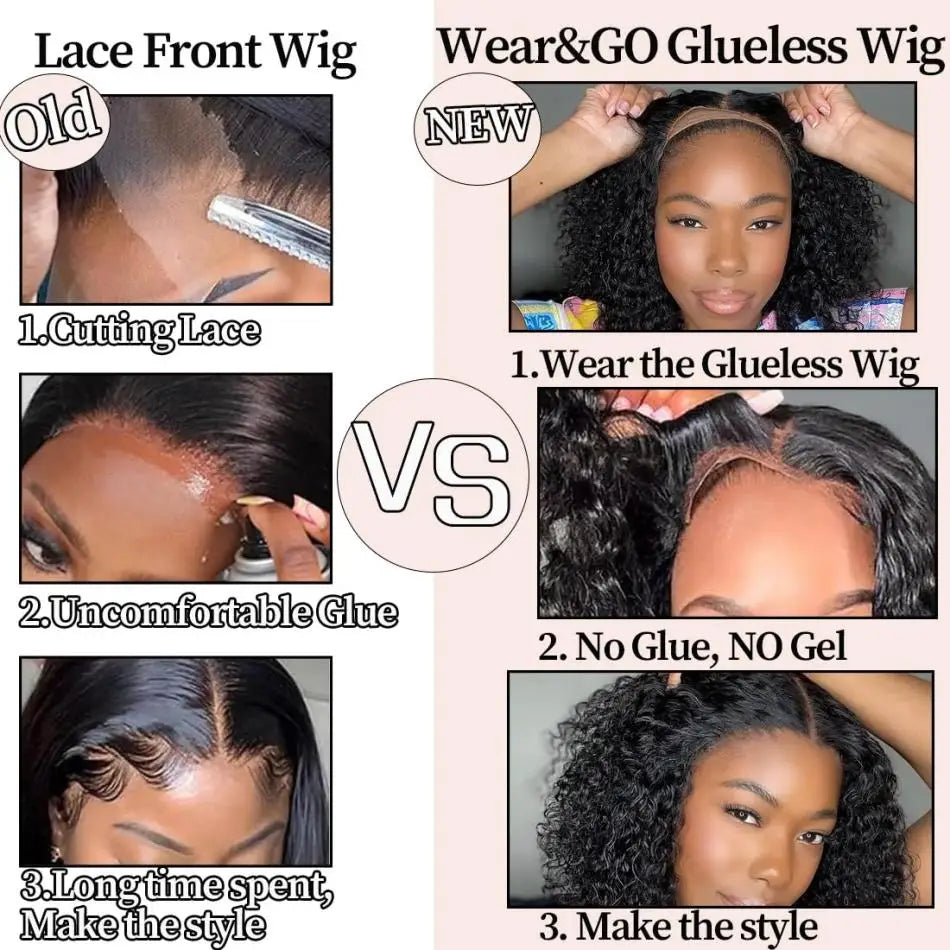 Comparison infographic showing the benefits of a glueless wig versus a traditional lace front wig