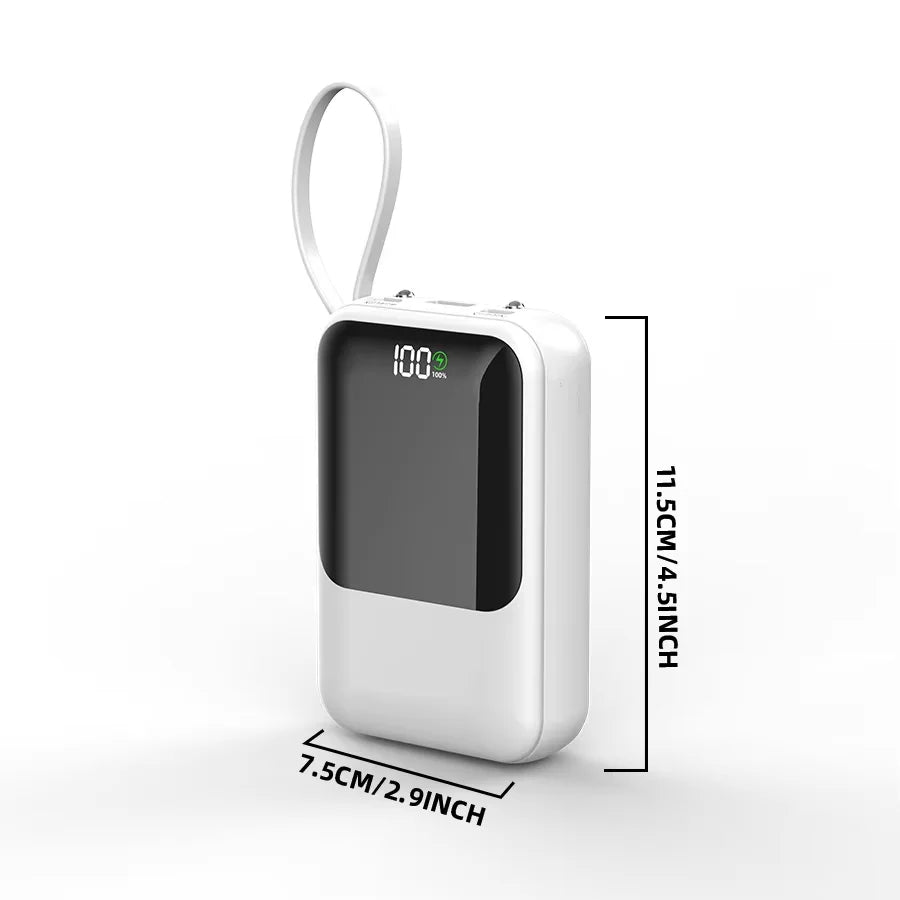 10000mAh Portable Power Bank with Built-in Cables and Wireless Charging – White