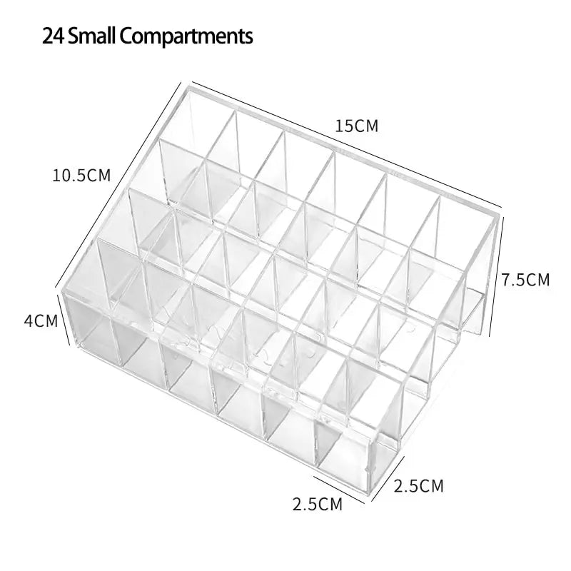 A clear acrylic 24-grid lipstick storage box with dimensional measurements written on it