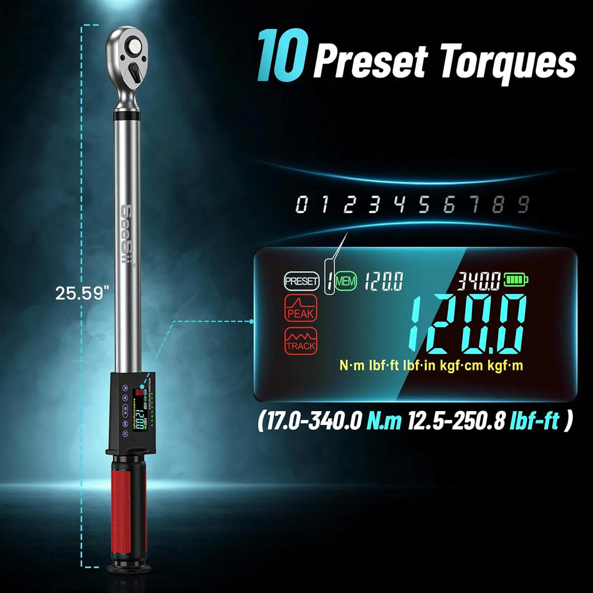 Digital torque wrench showing 10 preset torque settings