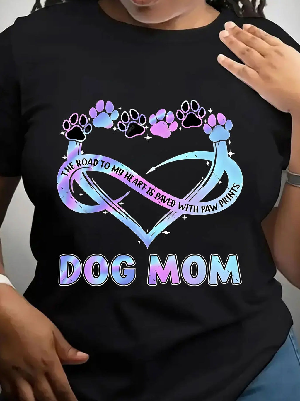 Black crew neck t-shirt with Dog Mom infinity heart and paw print design