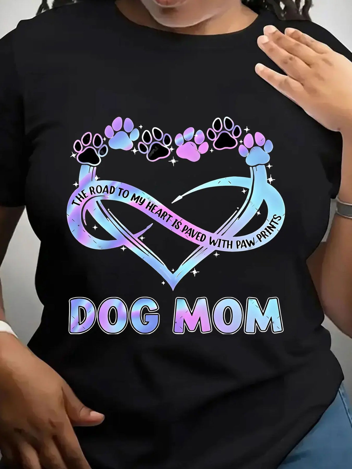 Black crew neck t-shirt with Dog Mom infinity heart and paw print design