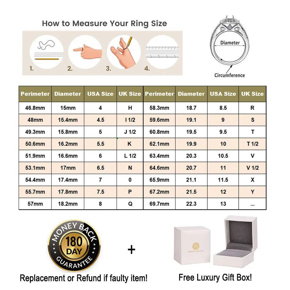 Ring size measurement chart with conversion guide and instructions.