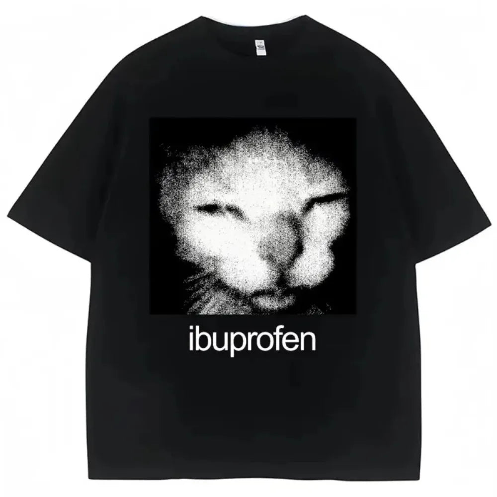 Black crew neck short sleeve t-shirt with a vintage cat graphic print and the text ibuprofen