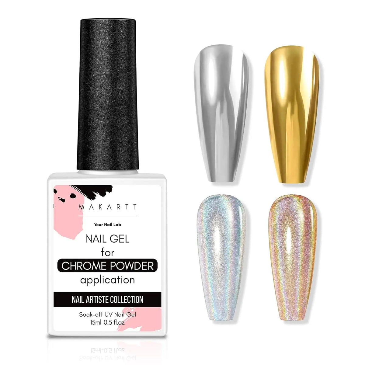 Bottle of clear gel polish for chrome nail powder application next to four sample nails with metallic chrome finishes
