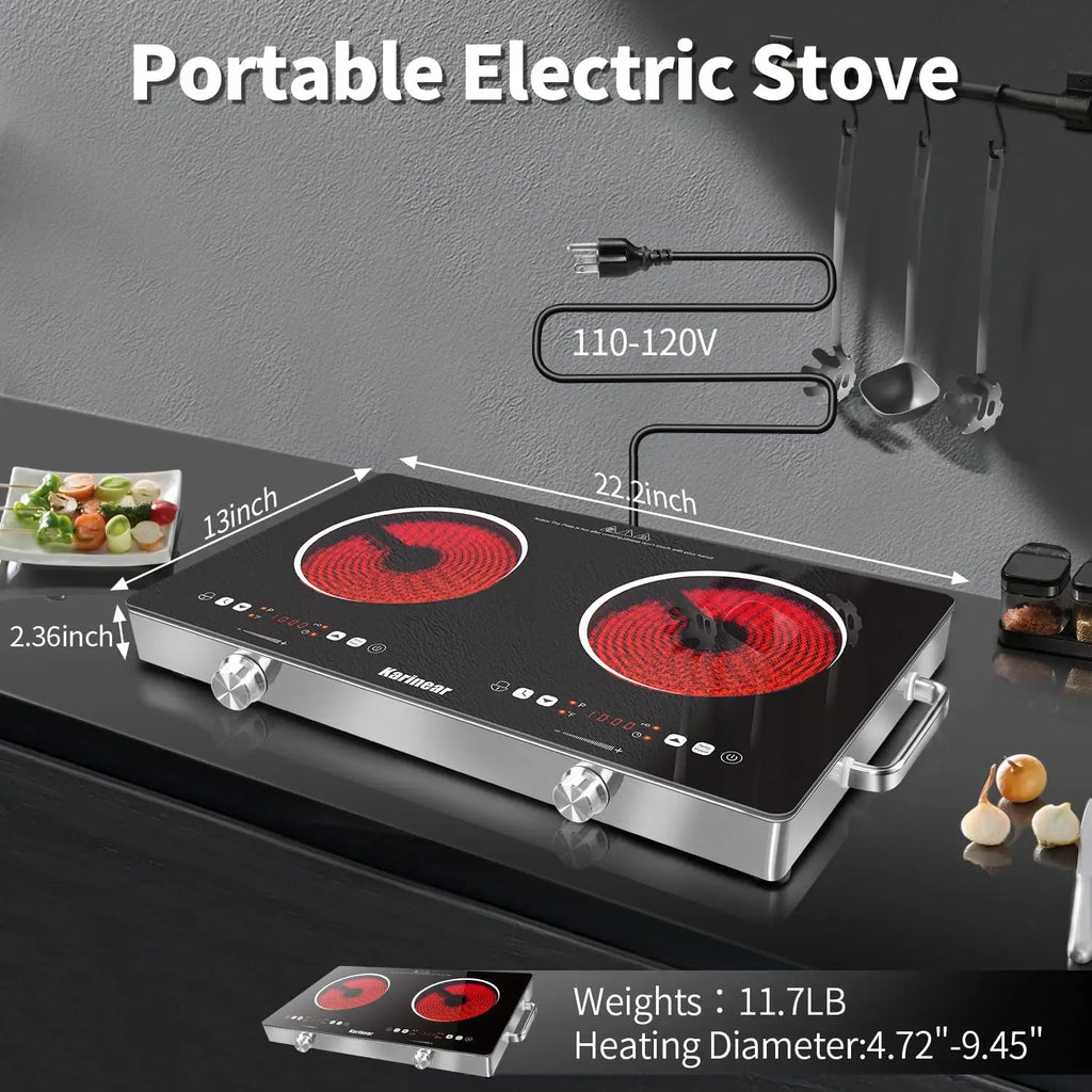 Portable electric ceramic hob with dimensions and technical specifications overlaid