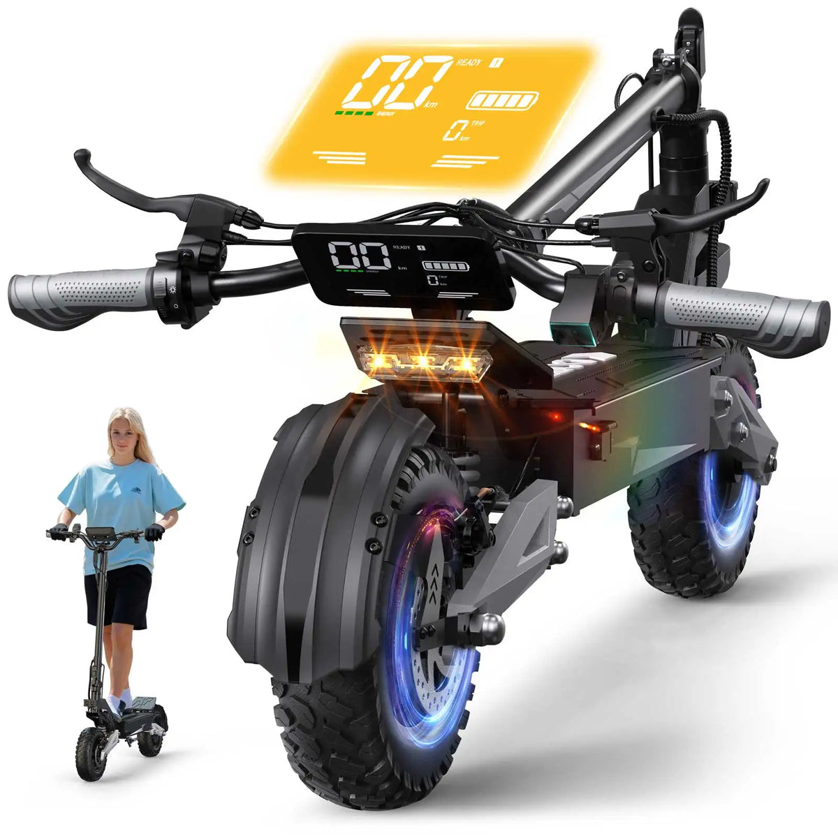 Black foldable electric scooter with large LED display, featuring all-terrain tires and a rider on the side.
