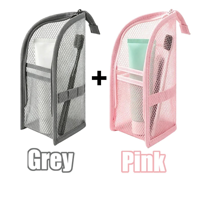 4-Piece Mesh Toiletry Bag Set, Foldable Waterproof Travel Organizer – GreyPink-2PCS