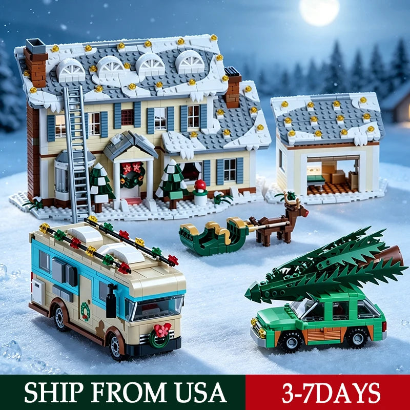 1950+PCS Classic Movie Christmas Vacation House Building Block Kit Winter Snow Village Model With RV Garage & Reindeer