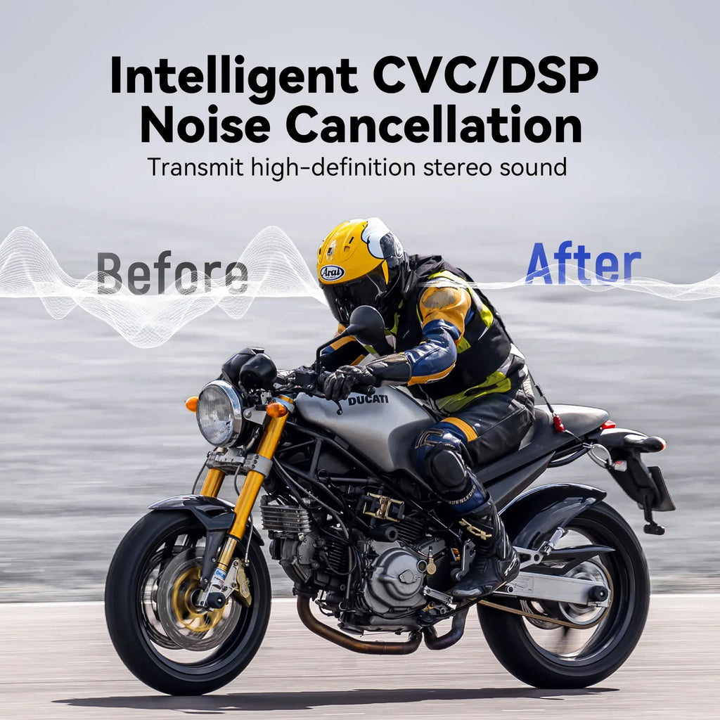 Motorcyclist riding on a road demonstrating intelligent CVC/DSP noise cancellation