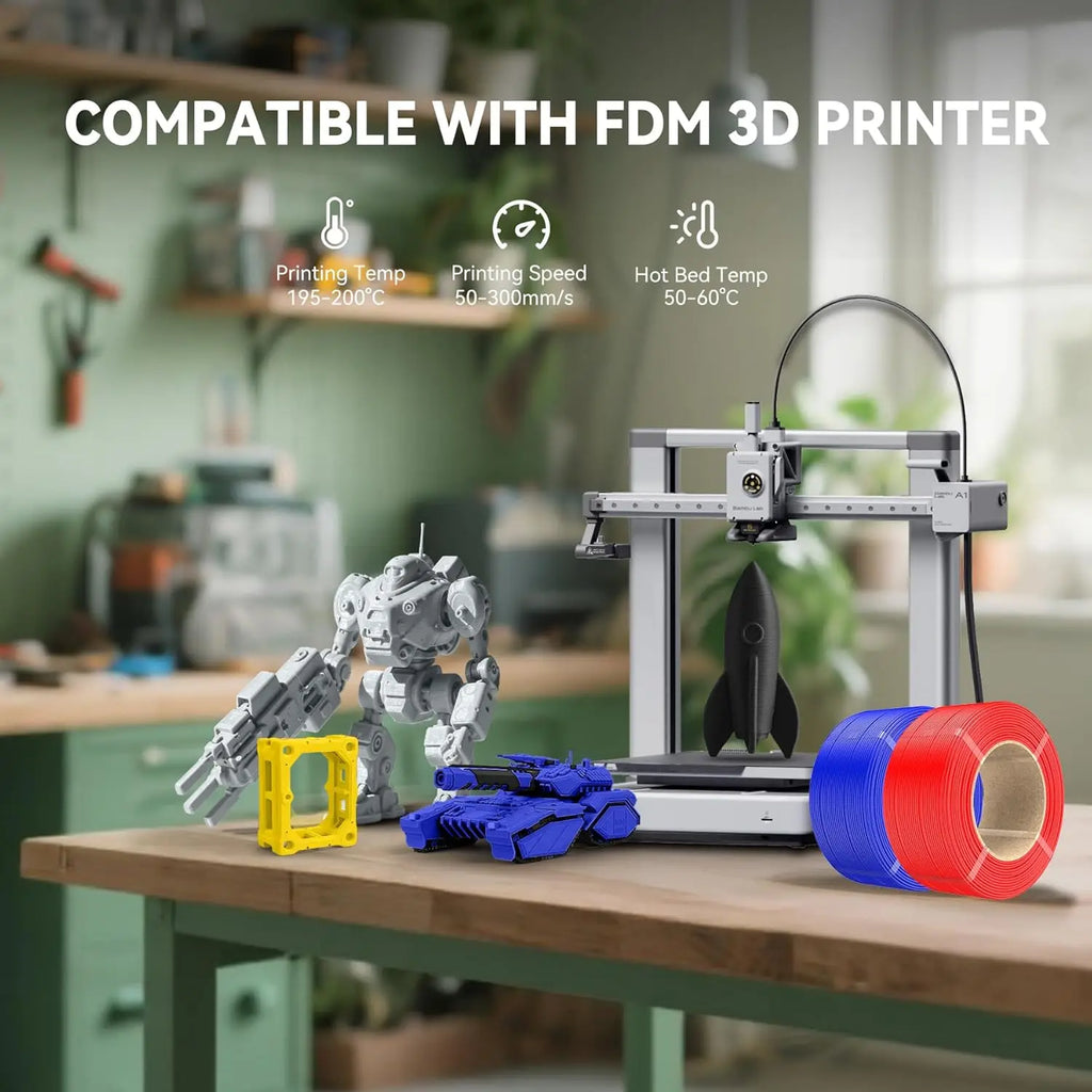 3D printer in a workshop setting with printed models and PETG filament spools