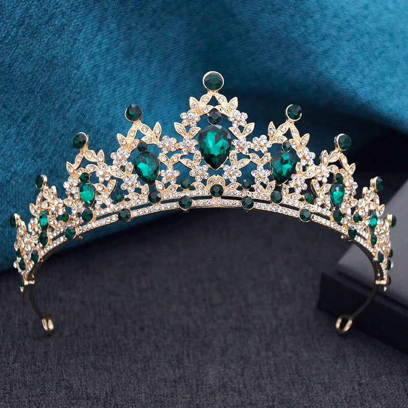 Princess Crown Bridal Tiara with Rhinestones, 13.5 cm Diameter – Green