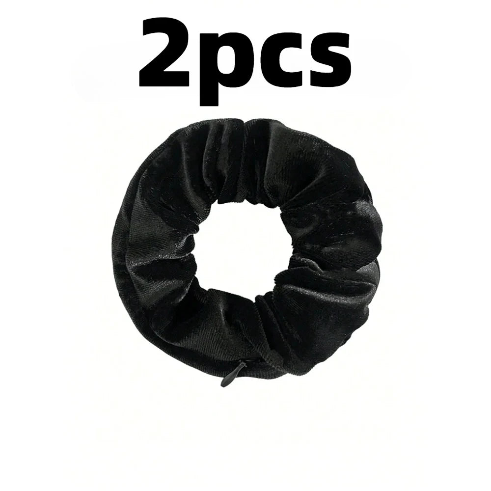 Sporty Velvet Hair Tie with Zipper Pocket for Small Storage – 2pcs