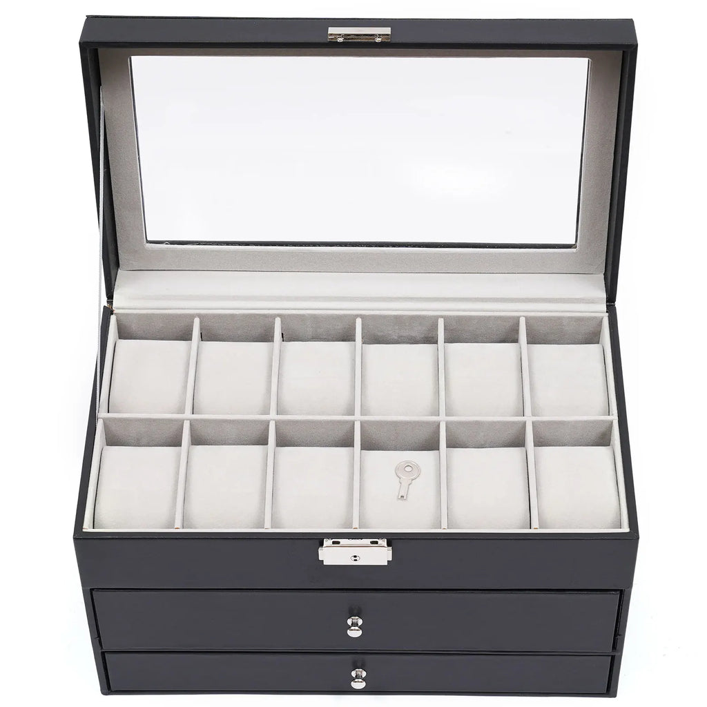 Top view of an open black watch storage case with 12 soft cushions.