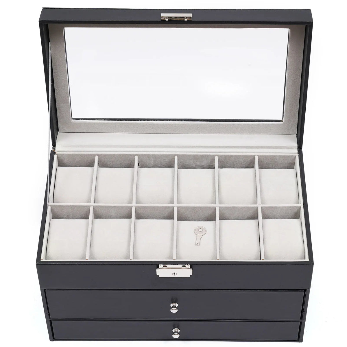 Top view of an open black watch storage case with 12 soft cushions.