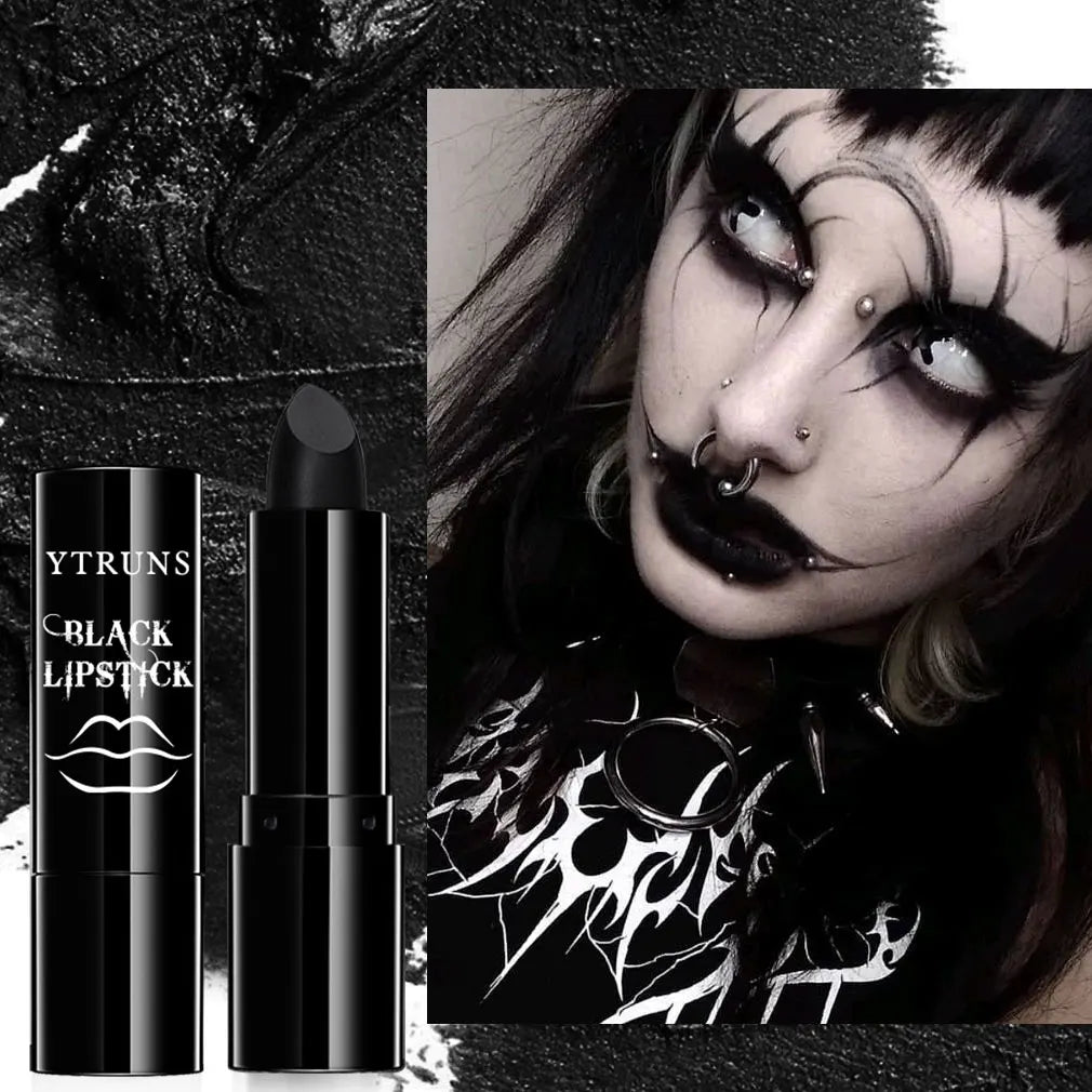 Black lipstick next to an image of a person with gothic makeup