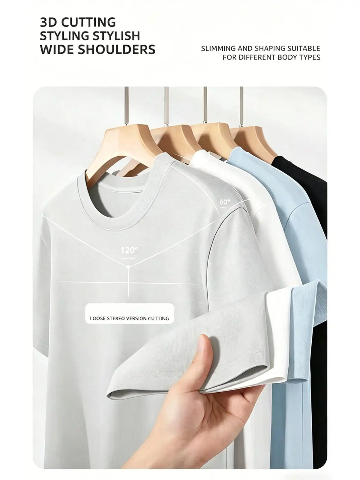 T-shirts hanging on hangers showing the shoulder fit and cut