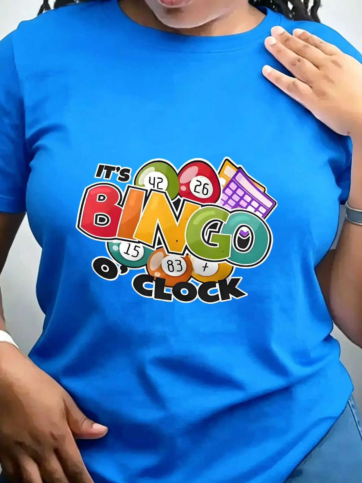 Women's 100% Cotton Crew Neck T-Shirt with Its Bingo O Clock Print – Blue