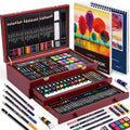 A luxury wooden art kit containing drawing pencils, oil pastels, crayons, watercolor paints, and sketchbooks.