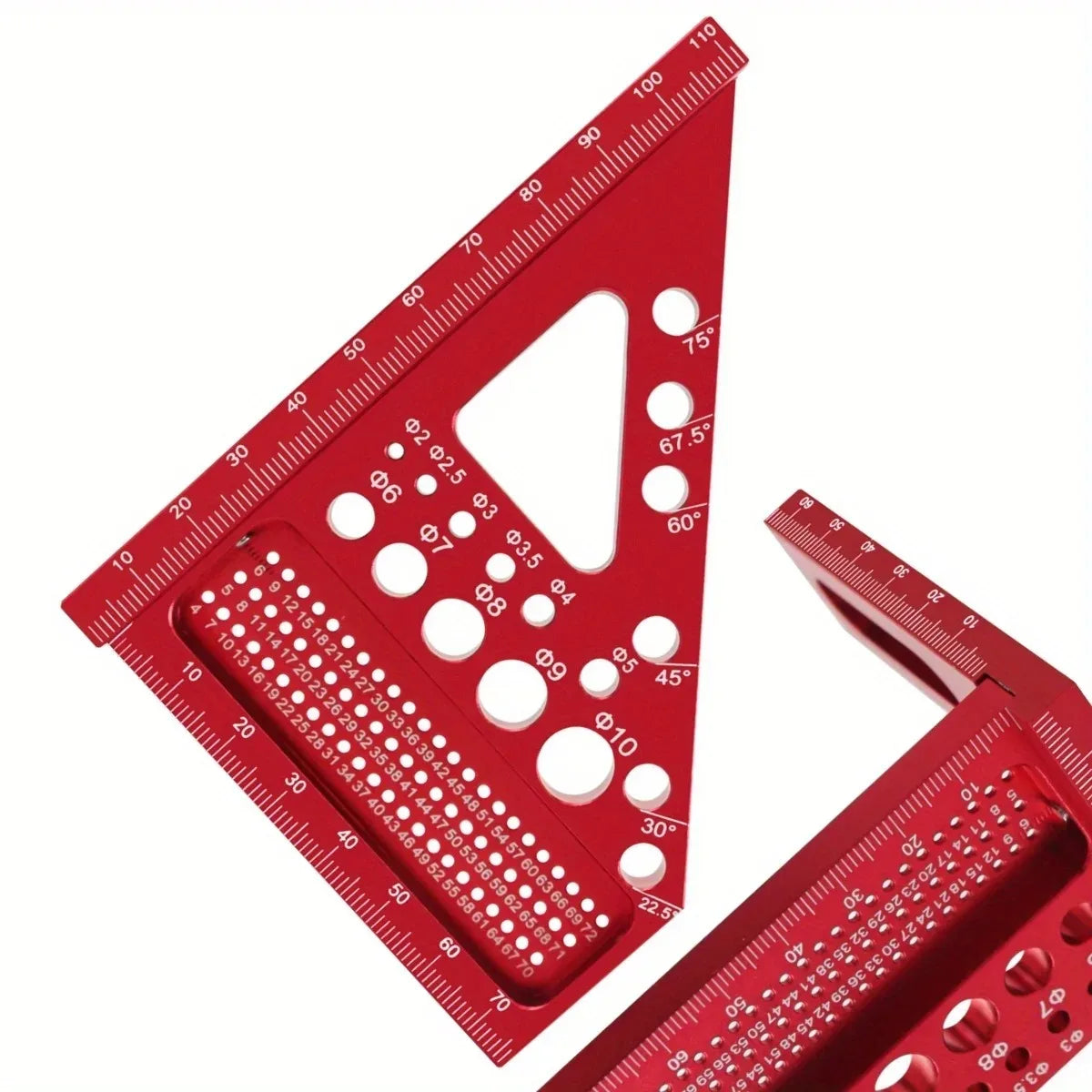 Close-up of red multi-angle carpenter square ruler for woodworking
