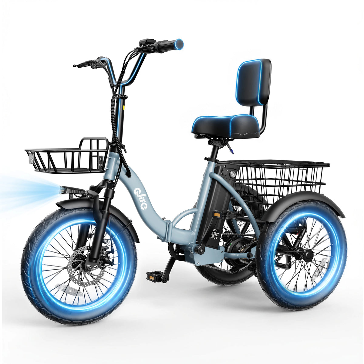 Qlife Triker 2.0 Folding Electric Trike, 1200W Motor, 18" Fat Tires – Blue