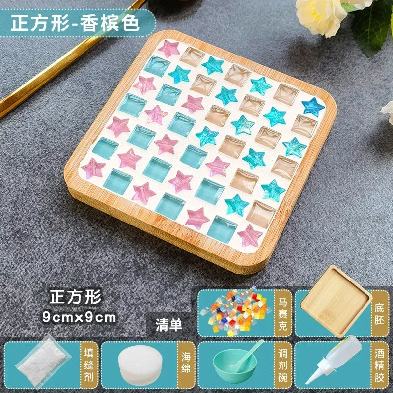Handmade DIY Mosaic Cup Mat Kit with Bamboo Base and Glass Tiles – style 2