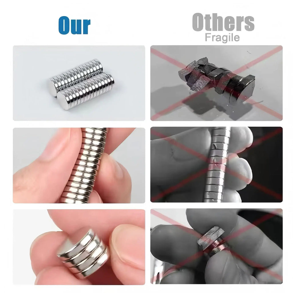 Comparison between durable magnets and fragile magnets in a collage format.