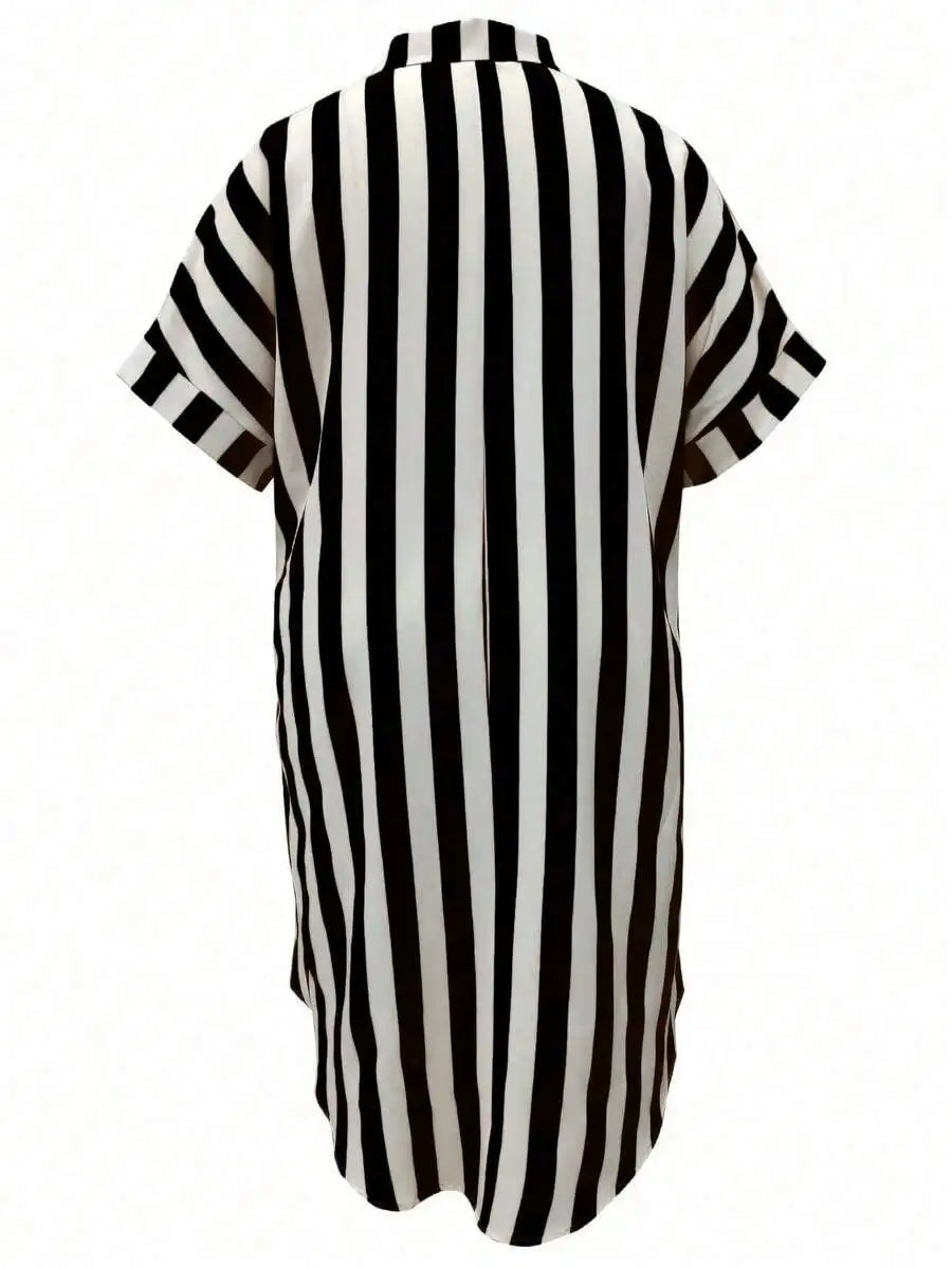 Black and white striped button-down casual midi dress
