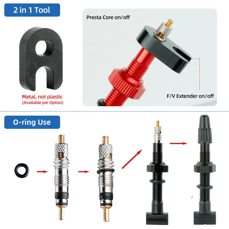 A metal tool for presta valve removal and an instructional guide on o-ring placement