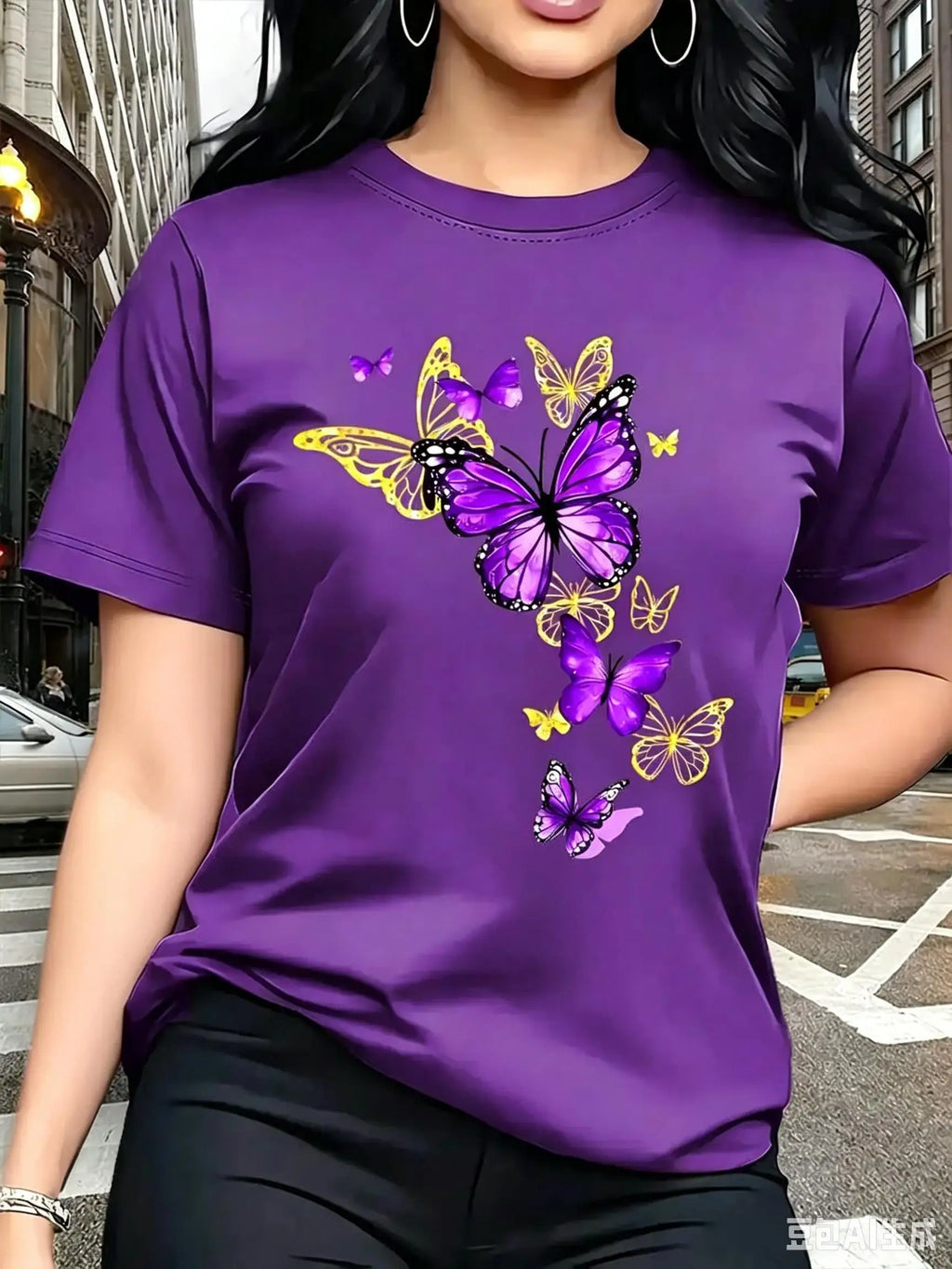 A purple short-sleeved t-shirt with a printed butterfly design, worn by a woman.