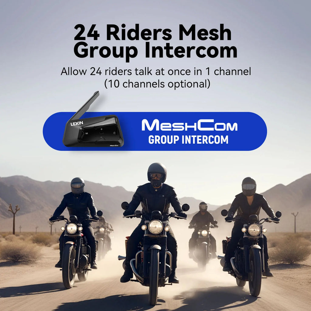 Group of motorcyclists riding in a desert area showing 24-rider mesh group intercom capability