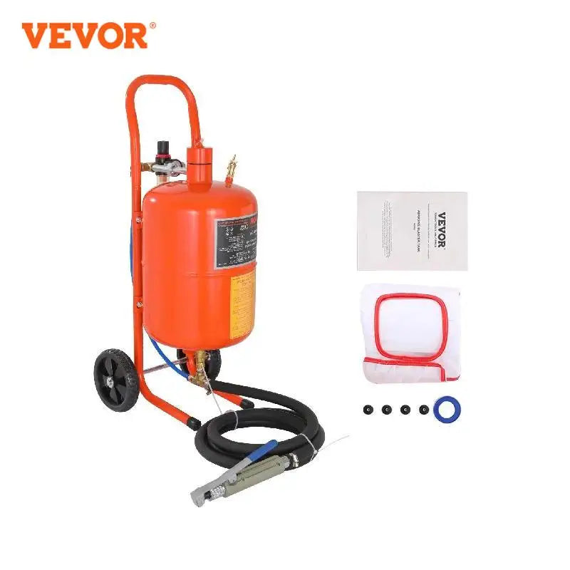 5 gallon portable sandblaster tank kit with orange tank, wheels, hose, and accessories
