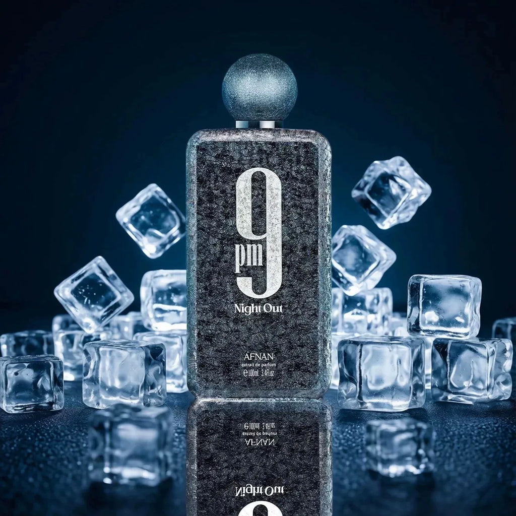 A black textured men's perfume bottle surrounded by melting ice cubes.