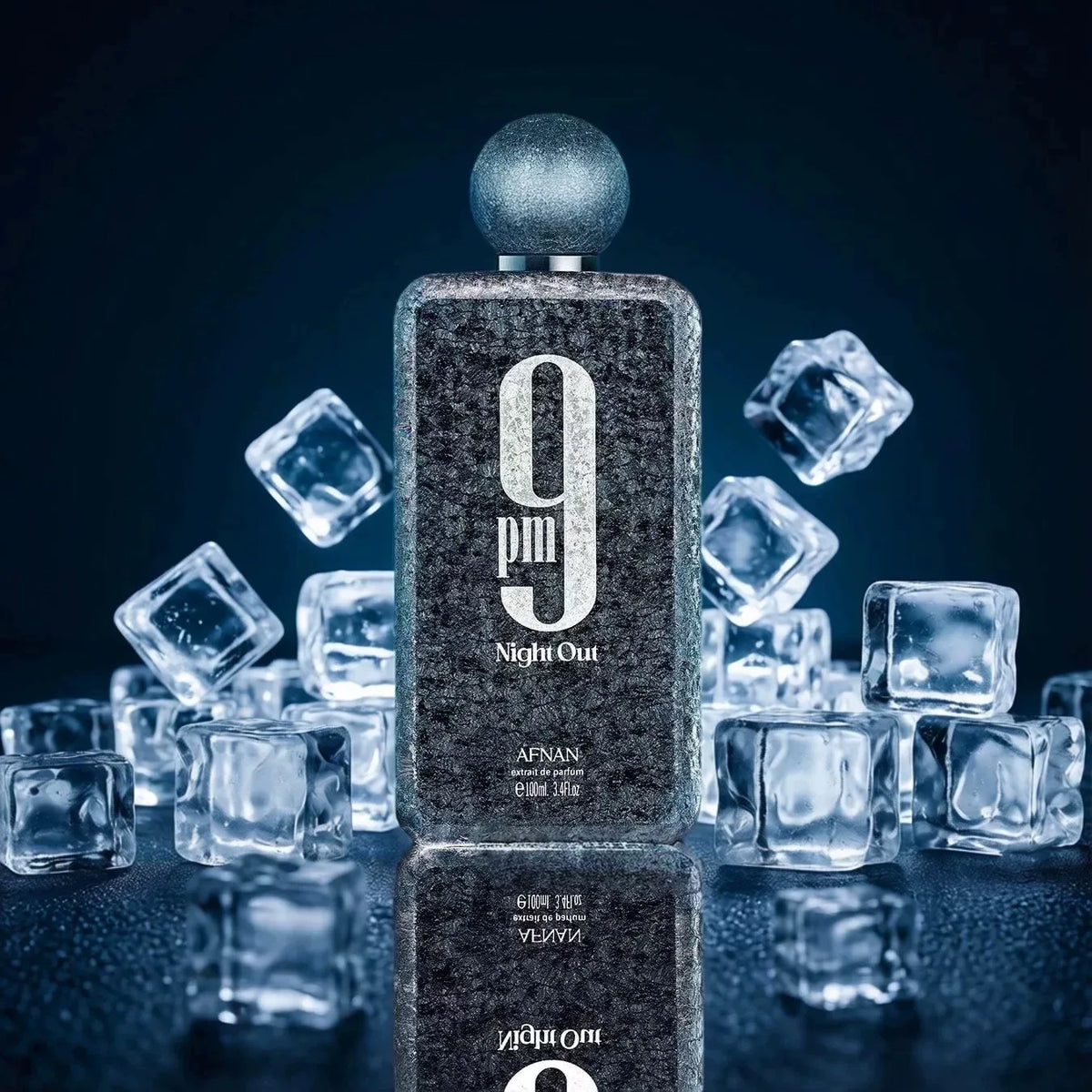 A black textured men's perfume bottle surrounded by melting ice cubes.