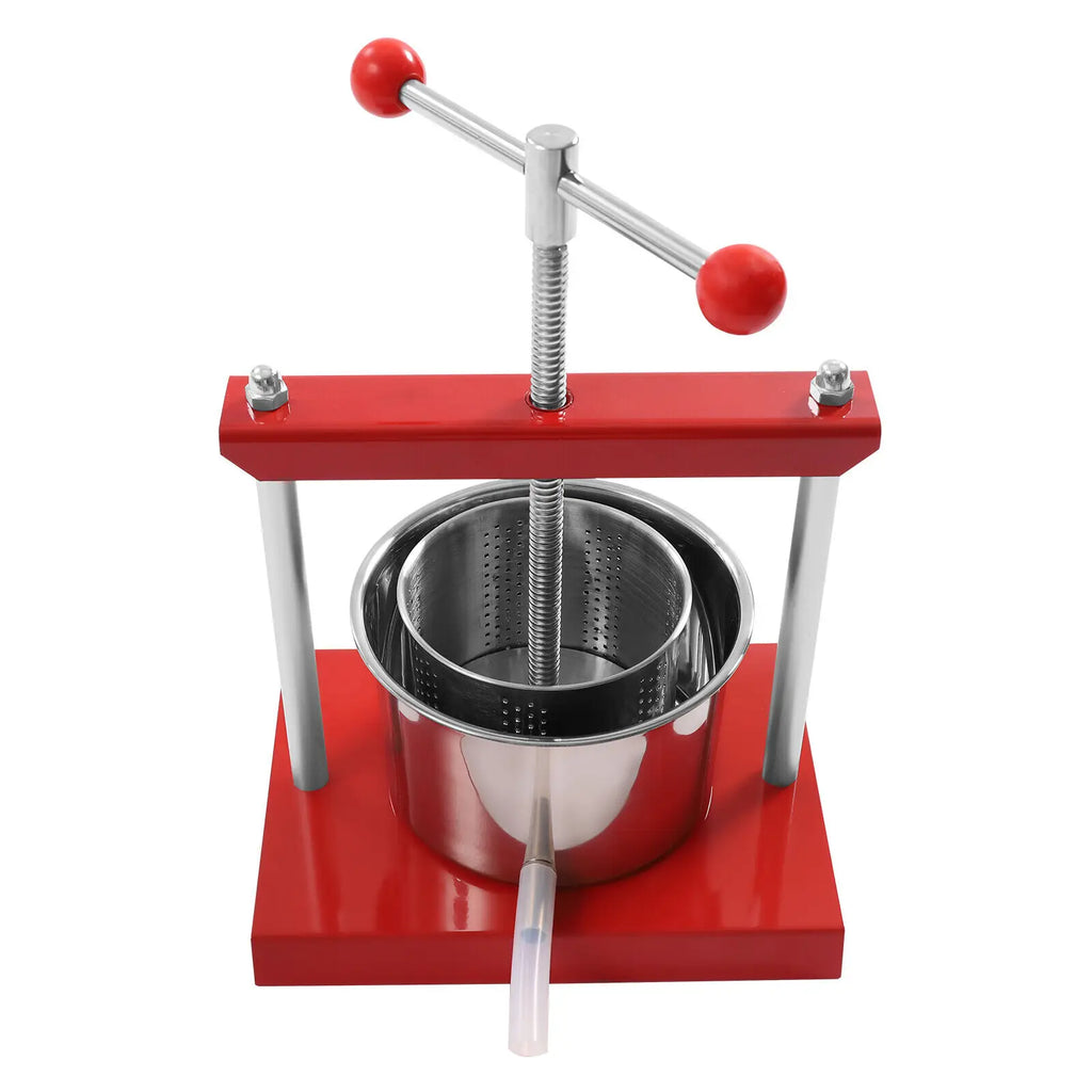 Manual fruit and herb press with stainless steel basket and red metal frame