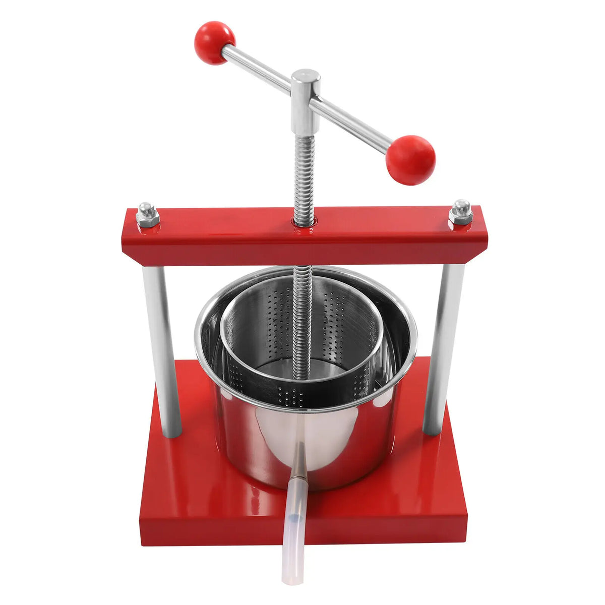 Manual fruit and herb press with stainless steel basket and red metal frame