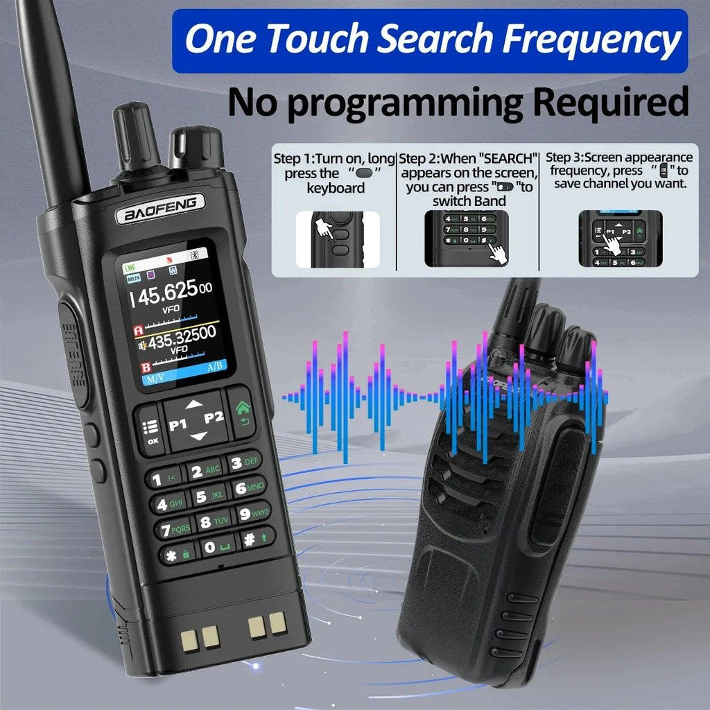 Step-by-step visual instructions for using the one-touch frequency search feature on a handheld two-way radio.