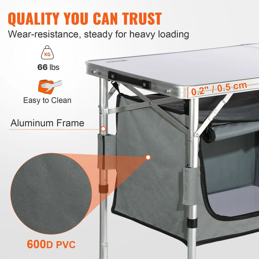 Detailed features of a camping table showing materials, load capacity, and construction