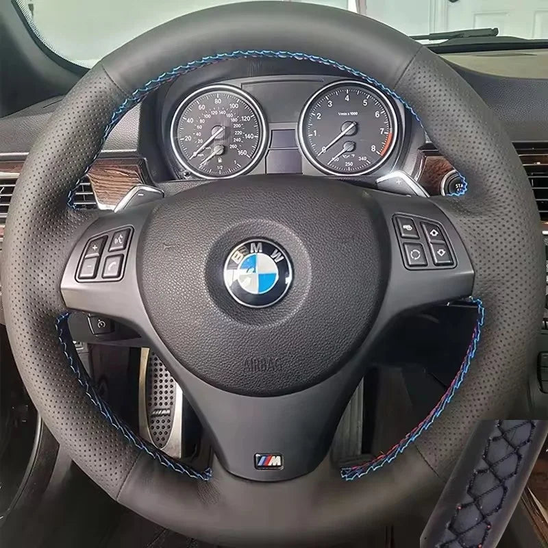 Microfiber Leather Steering Wheel Cover for BMW E81 E90 E92 M Sport – Black Thread