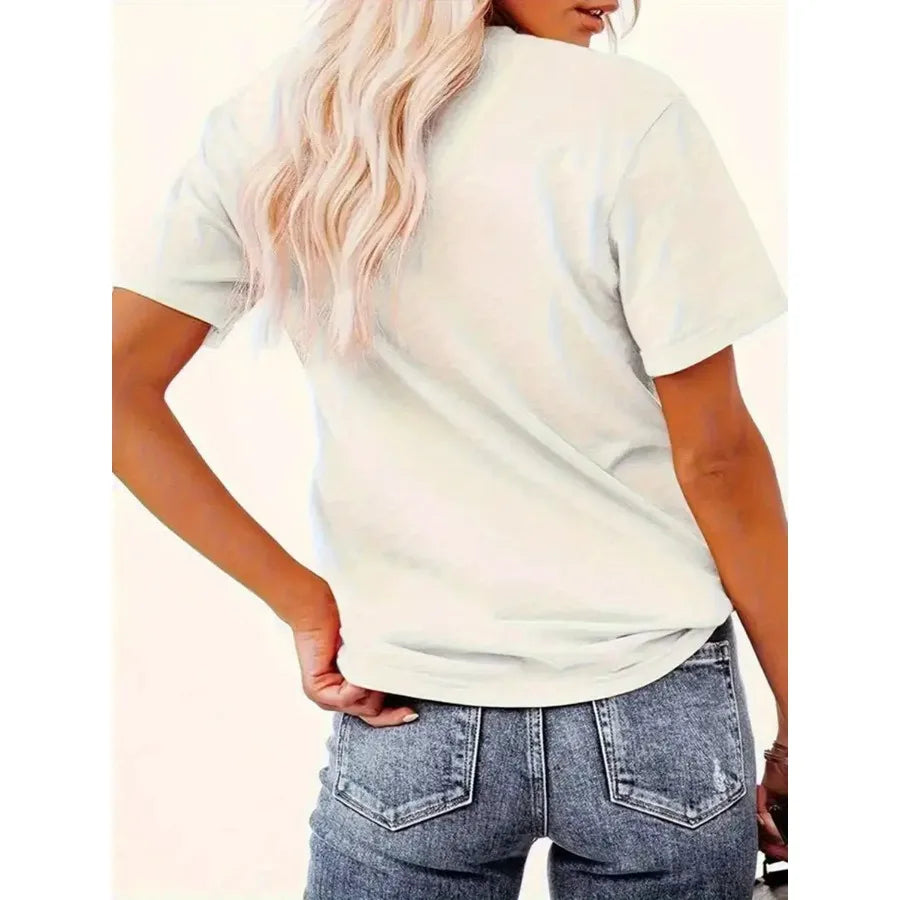 Back view of a woman wearing a white short sleeve t-shirt.