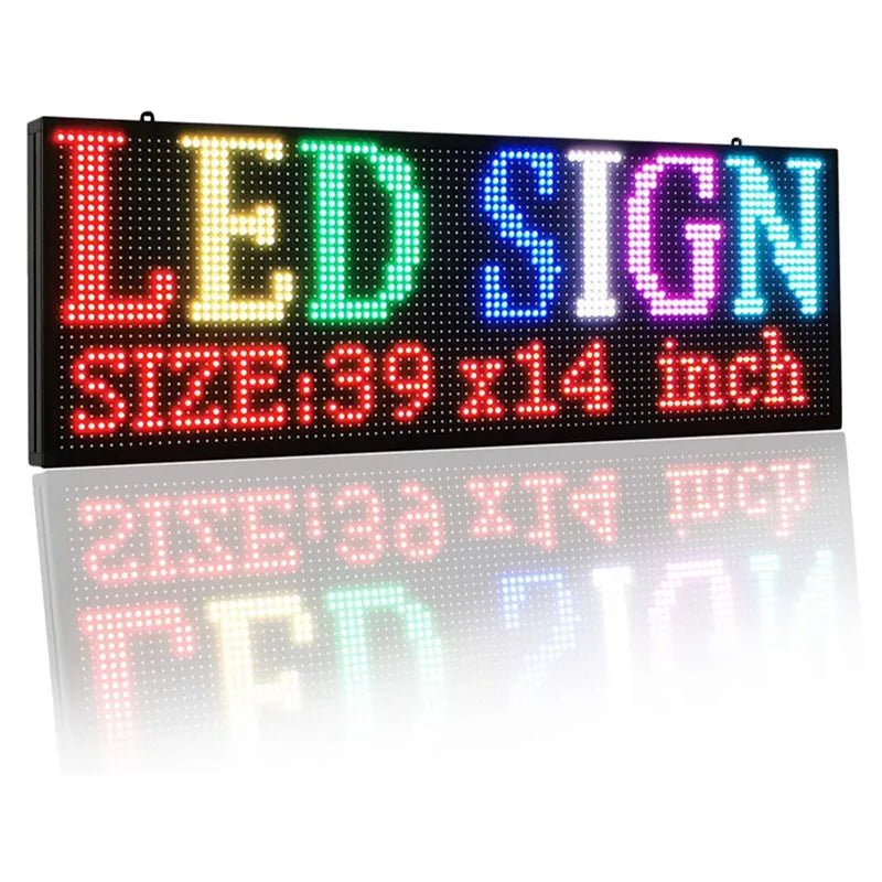 A rectangular, programmable LED digital message sign showing the text LED SIGN SIZE 39 x 14 inch.